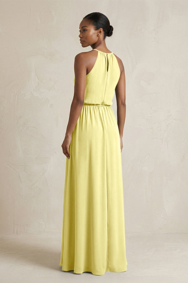 Halter Sheath Ruched Chiffon Bridesmaid Dress in Buttercup - SHE IS ME Bridesmaid Dresses