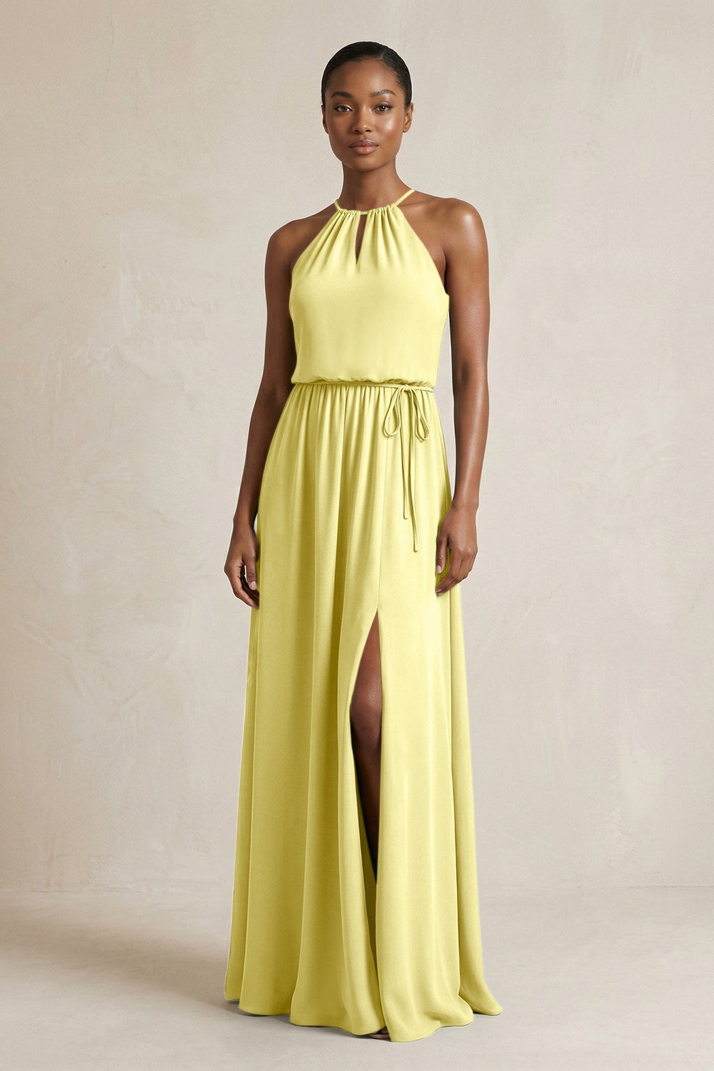 Halter Sheath Ruched Chiffon Bridesmaid Dress in Buttercup - KISS BRIDAL Bridesmaid Dresses