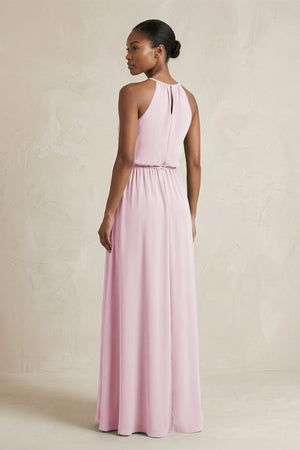 Halter Sheath Ruched Chiffon Bridesmaid Dress in Candy Pink (2) | KISSBRIDAL