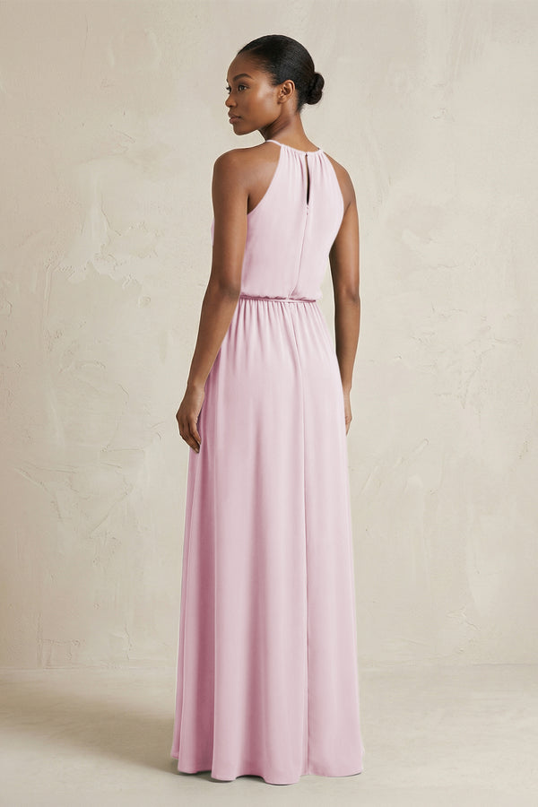 Halter Sheath Ruched Chiffon Bridesmaid Dress in Candy Pink (2) | KISSBRIDAL