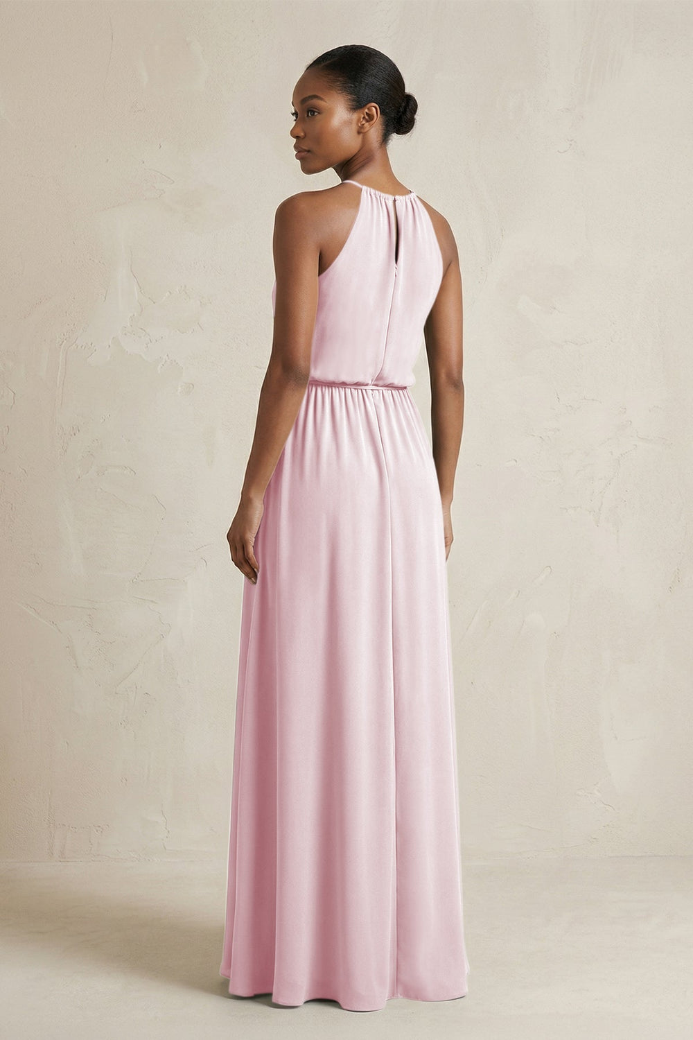 Halter Sheath Ruched Chiffon Bridesmaid Dress in Candy Pink - KISS BRIDAL Bridesmaid Dresses