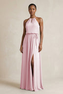 Halter Sheath Ruched Chiffon Bridesmaid Dress in Candy Pink - SHE IS ME Bridesmaid Dresses