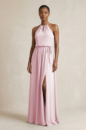 Halter Sheath Ruched Chiffon Bridesmaid Dress in Candy Pink - SHE IS ME Bridesmaid Dresses