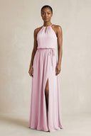 Halter Sheath Ruched Chiffon Bridesmaid Dress in Candy Pink | KISSBRIDAL