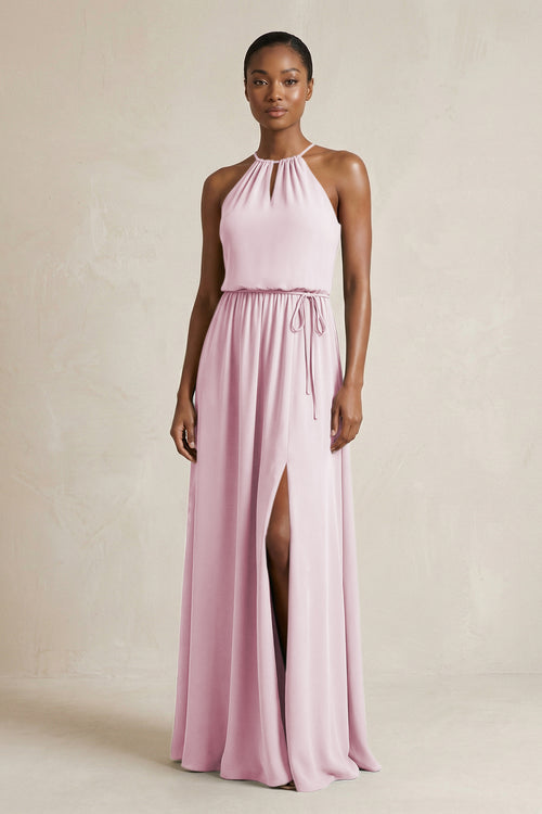 Halter Sheath Ruched Chiffon Bridesmaid Dress in Candy Pink | KISSBRIDAL