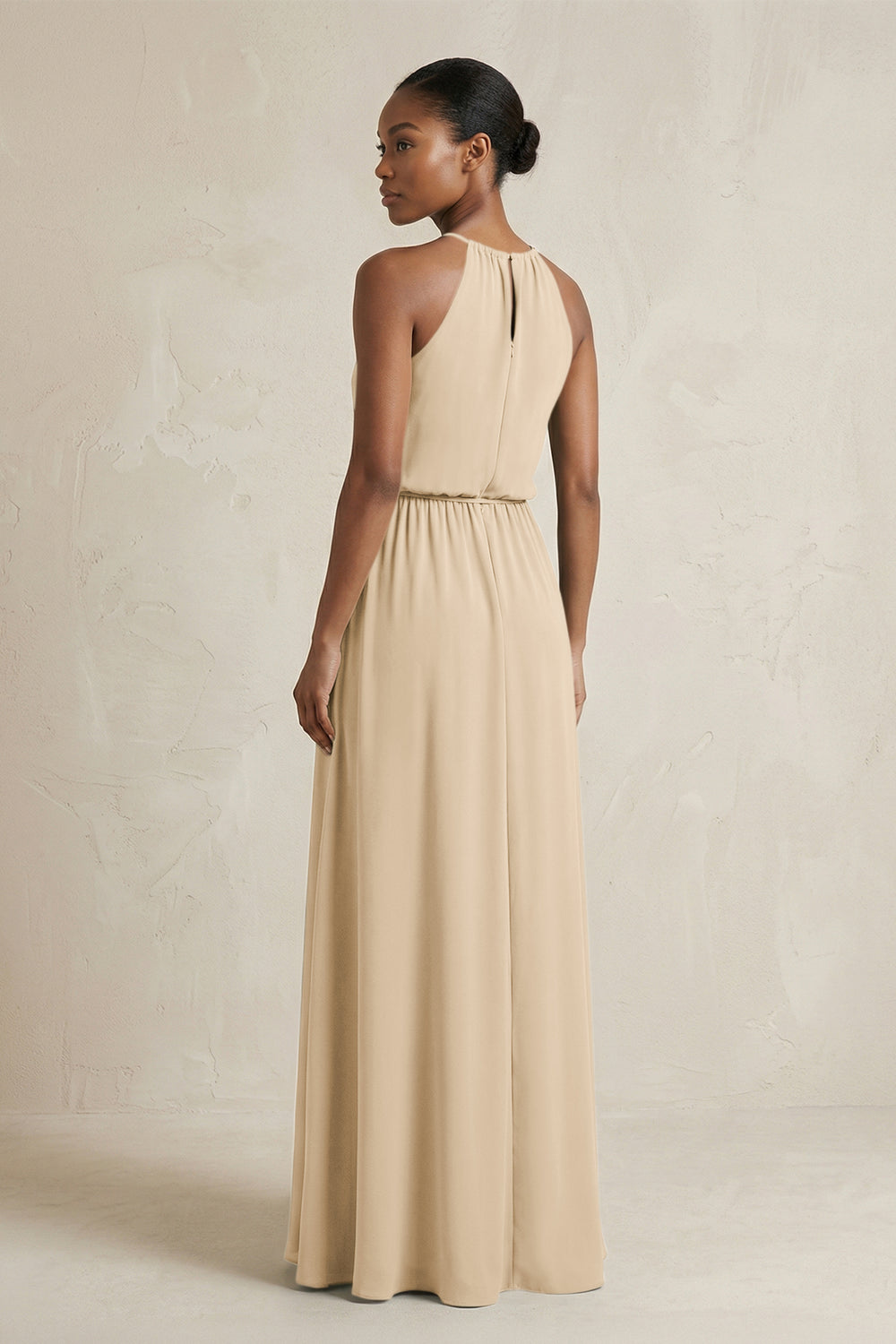 Halter Sheath Ruched Chiffon Bridesmaid Dress in Champagne