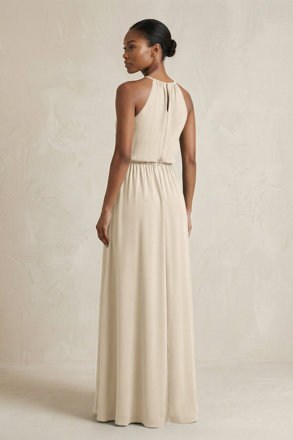 Halter Sheath Ruched Chiffon Bridesmaid Dress in Champagne - KISS BRIDAL Bridesmaid Dresses