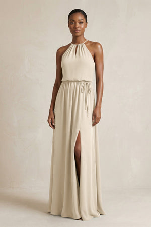 Halter Sheath Ruched Chiffon Bridesmaid Dress in Champagne - SHE IS ME Bridesmaid Dresses