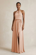 Halter Sheath Ruched Chiffon Bridesmaid Dress in Champagne Rose - SHE IS ME Bridesmaid Dresses