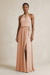 Halter Sheath Ruched Chiffon Bridesmaid Dress in Champagne Rose - KISS BRIDAL Bridesmaid Dresses