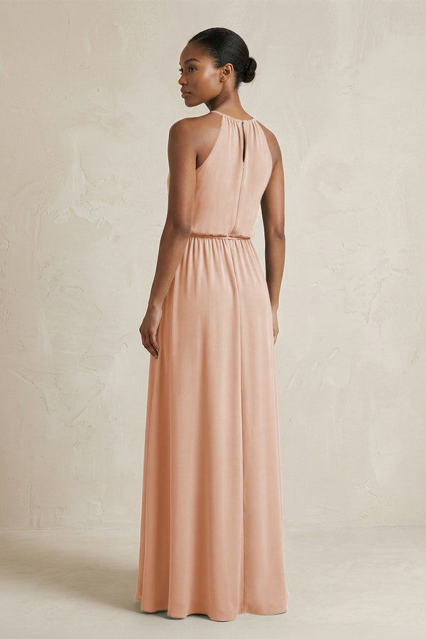 Halter Sheath Ruched Chiffon Bridesmaid Dress in Champagne Rose - SHE IS ME Bridesmaid Dresses