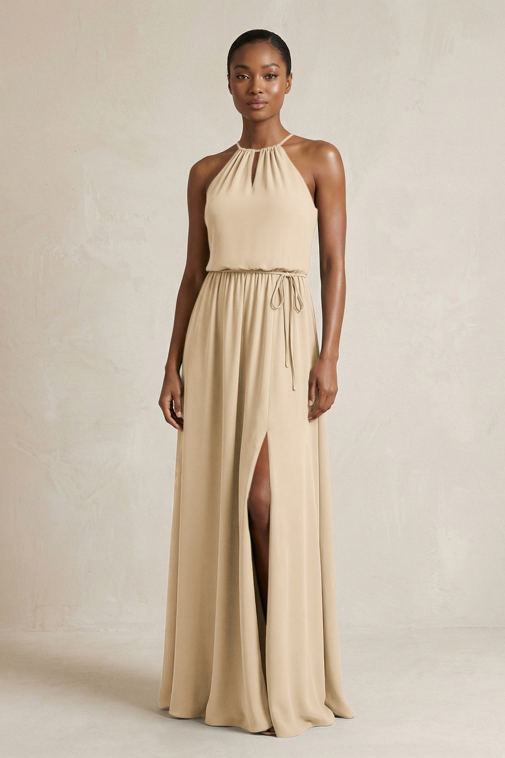Halter Sheath Ruched Chiffon Bridesmaid Dress in Champagne