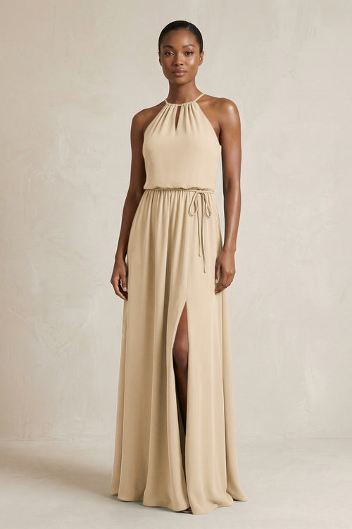 Halter Sheath Ruched Chiffon Bridesmaid Dress in Champagne | KISSBRIDAL