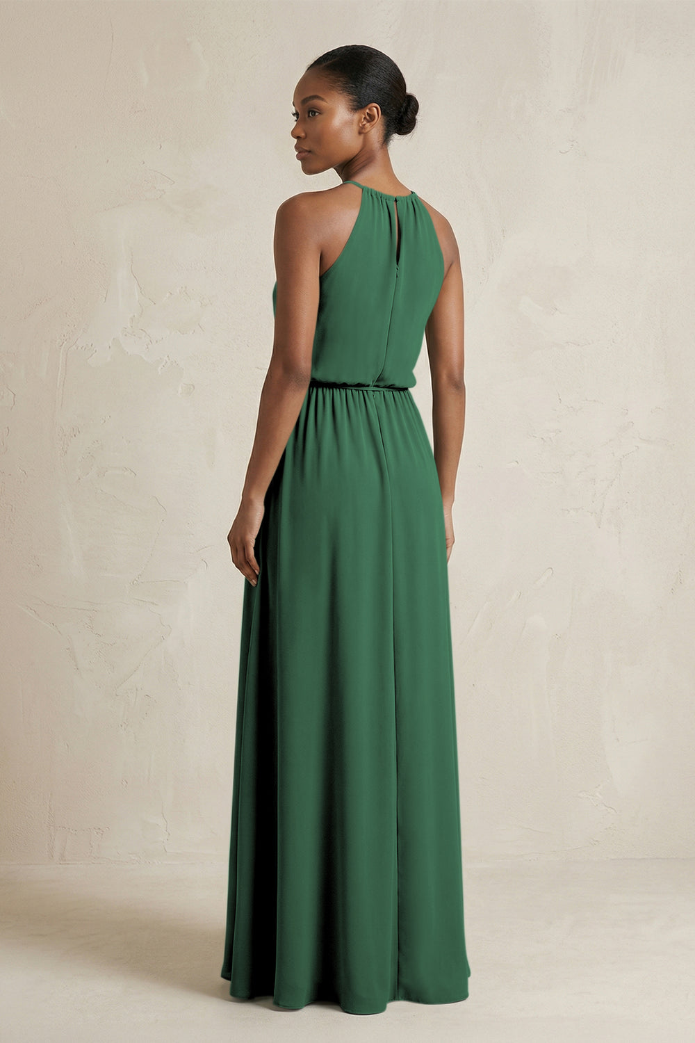 Halter Sheath Ruched Chiffon Bridesmaid Dress in Dark Green