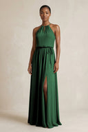 Halter Sheath Ruched Chiffon Bridesmaid Dress in Dark Green - SHE IS ME Bridesmaid Dresses