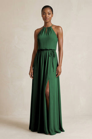 Halter Sheath Ruched Chiffon Bridesmaid Dress in Dark Green - SHE IS ME Bridesmaid Dresses