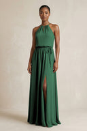 Halter Sheath Ruched Chiffon Bridesmaid Dress in Dark Green | KISSBRIDAL