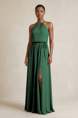 Halter Sheath Ruched Chiffon Bridesmaid Dress in Dark Green | KISSBRIDAL