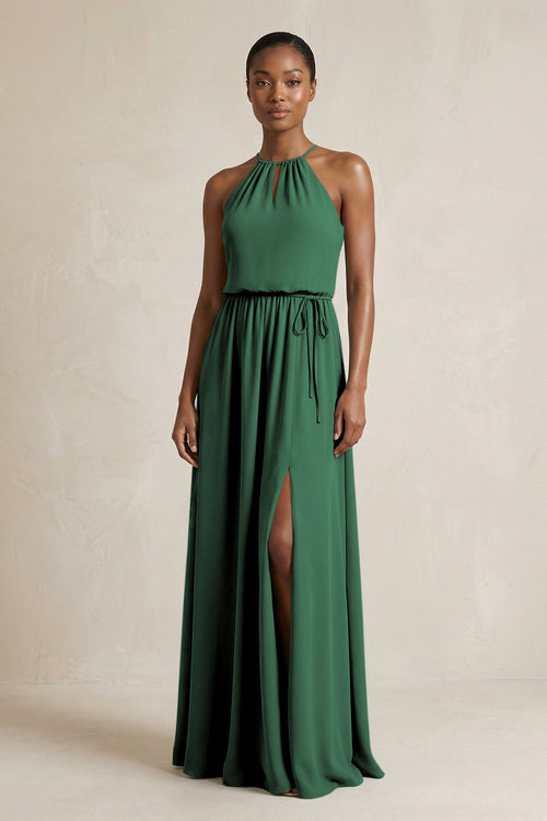 Halter Sheath Ruched Chiffon Bridesmaid Dress in Dark Green | KISSBRIDAL