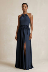 Halter Sheath Ruched Chiffon Bridesmaid Dress in Dark Navy - KISS BRIDAL Bridesmaid Dresses