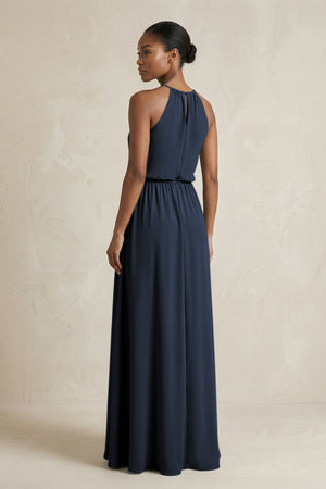 Halter Sheath Ruched Chiffon Bridesmaid Dress in Dark Navy - SHE IS ME Bridesmaid Dresses