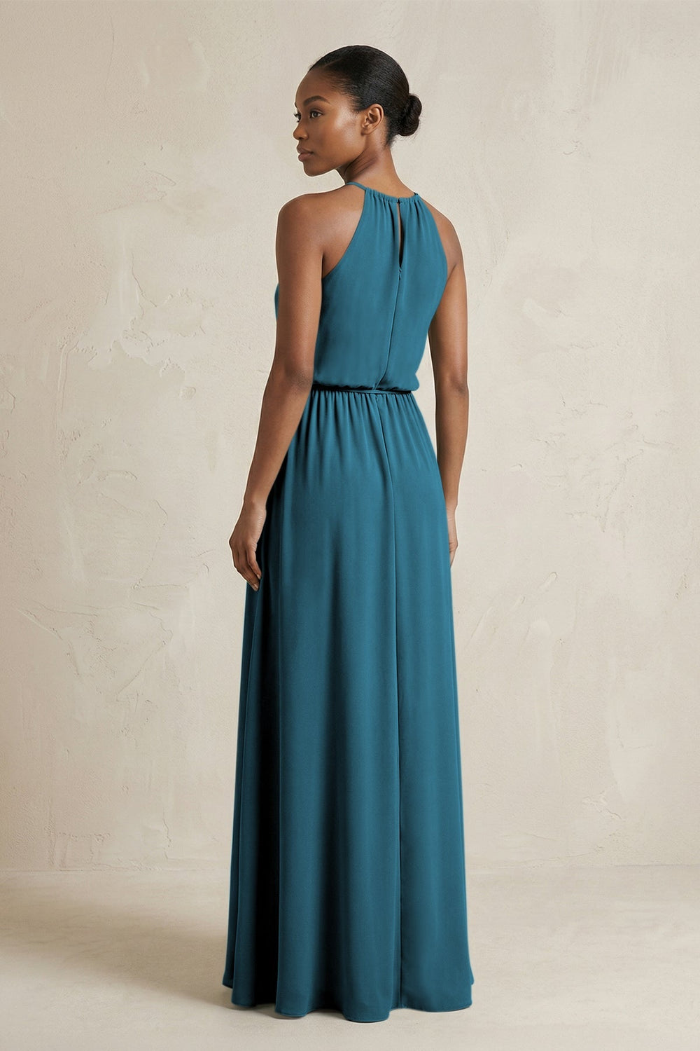 Halter Sheath Ruched Chiffon Bridesmaid Dress in Dark Teal - KISS BRIDAL Bridesmaid Dresses