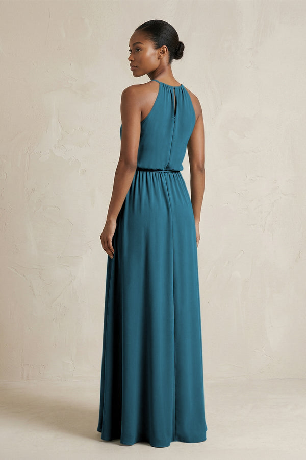 Halter Sheath Ruched Chiffon Bridesmaid Dress in Dark Teal - SHE IS ME Bridesmaid Dresses