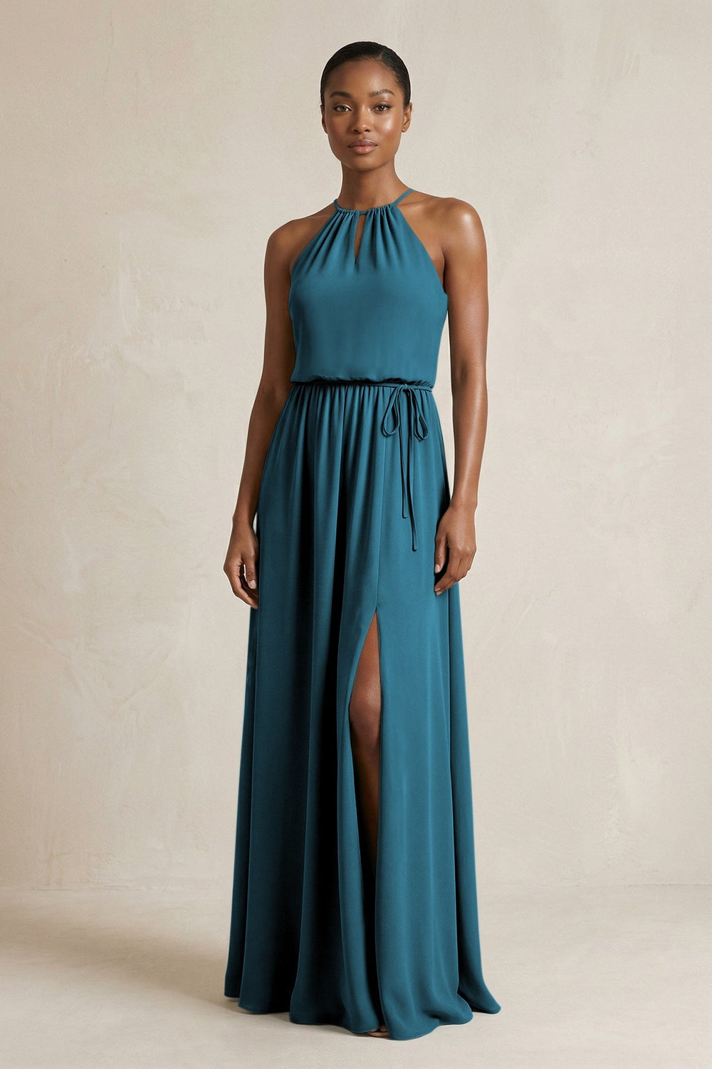 Halter Sheath Ruched Chiffon Bridesmaid Dress in Dark Teal - KISS BRIDAL Bridesmaid Dresses