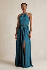 Halter Sheath Ruched Chiffon Bridesmaid Dress in Dark Teal - KISS BRIDAL Bridesmaid Dresses