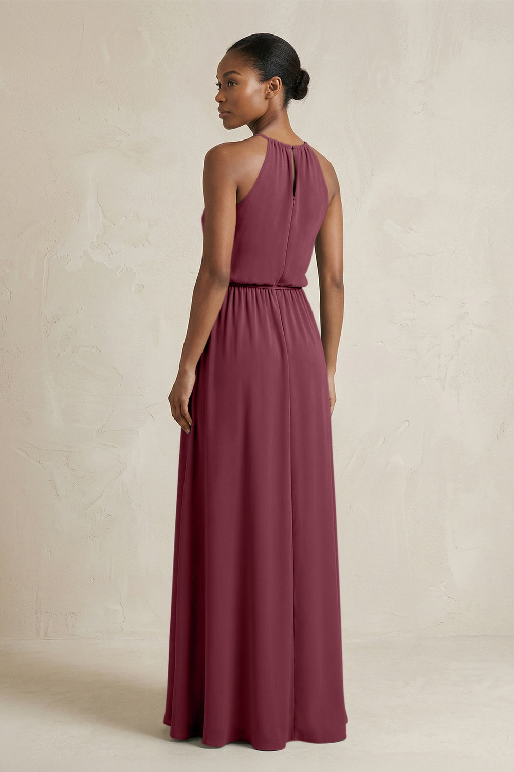 Halter Sheath Ruched Chiffon Bridesmaid Dress in Desert Rose