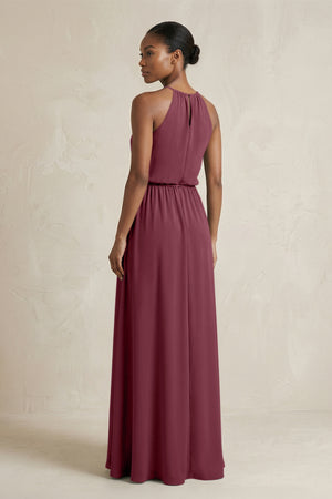 Halter Sheath Ruched Chiffon Bridesmaid Dress in Desert Rose (2) | KISSBRIDAL