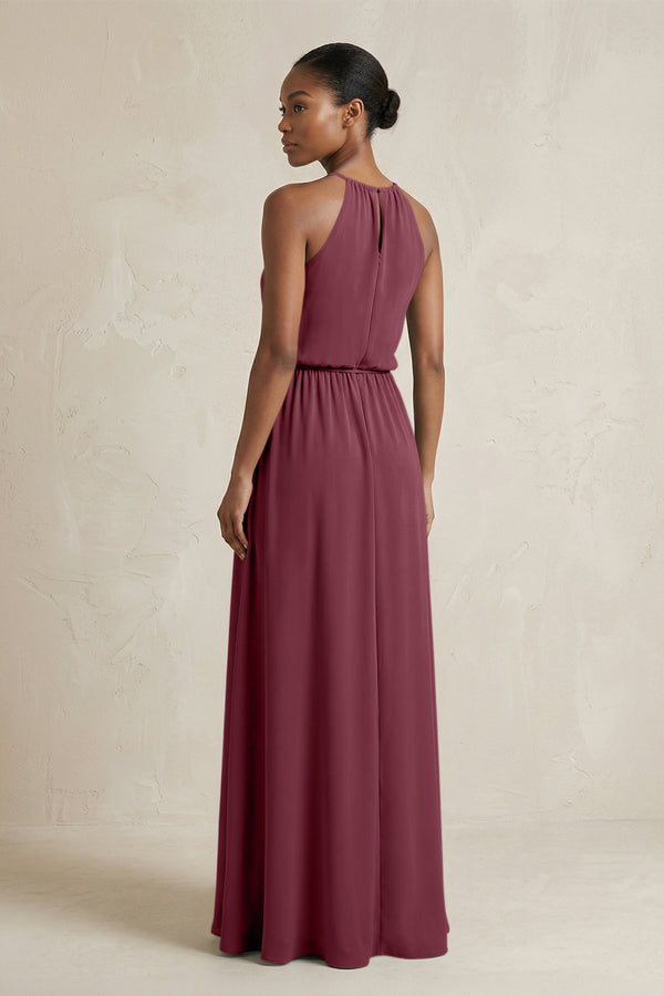 Halter Sheath Ruched Chiffon Bridesmaid Dress in Desert Rose (2) | KISSBRIDAL