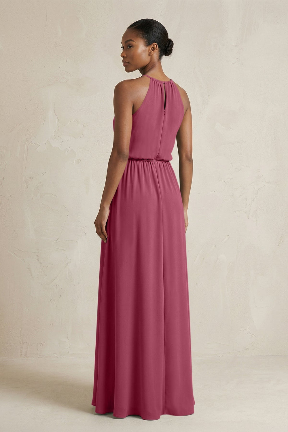 Halter Sheath Ruched Chiffon Bridesmaid Dress in Desert Rose - KISS BRIDAL Bridesmaid Dresses