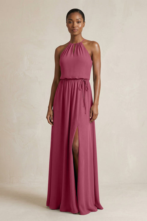 Halter Sheath Ruched Chiffon Bridesmaid Dress in Desert Rose - SHE IS ME Bridesmaid Dresses