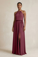 Halter Sheath Ruched Chiffon Bridesmaid Dress in Desert Rose | KISSBRIDAL