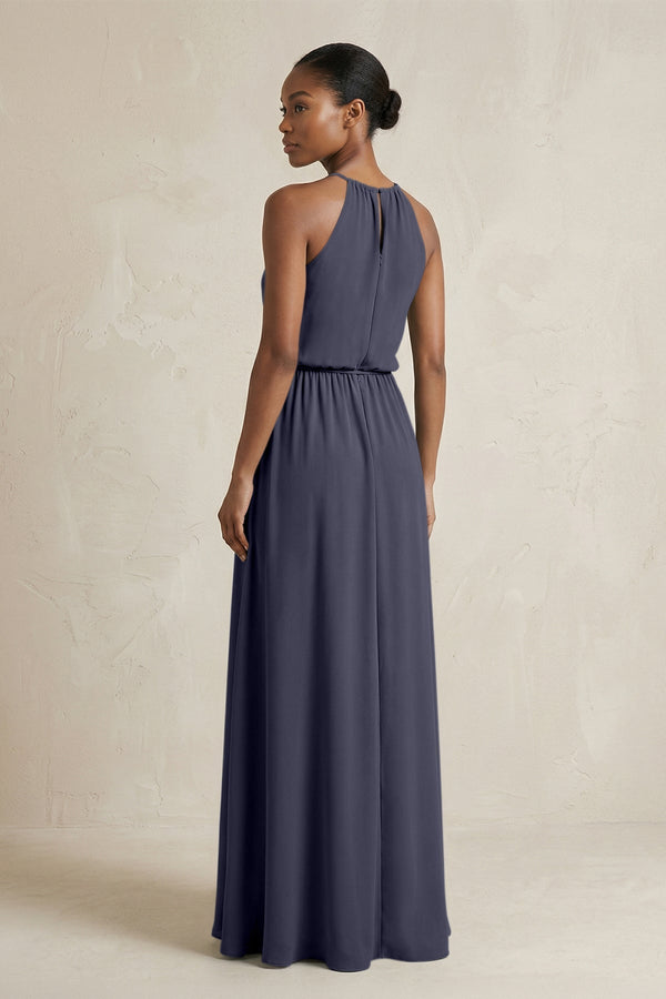 Halter Sheath Ruched Chiffon Bridesmaid Dress in Dusk Blue - SHE IS ME Bridesmaid Dresses