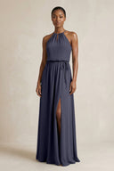 Halter Sheath Ruched Chiffon Bridesmaid Dress in Dusk Blue - SHE IS ME Bridesmaid Dresses