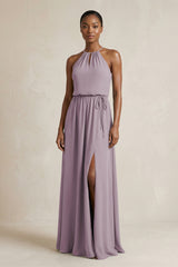 Halter Sheath Ruched Chiffon Bridesmaid Dress in Dusk | KISSBRIDAL