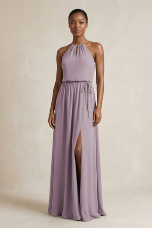 Halter Sheath Ruched Chiffon Bridesmaid Dress in Dusk | KISSBRIDAL