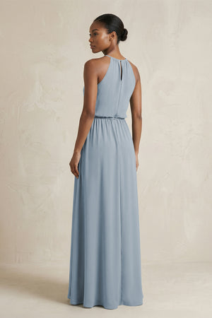 Halter Sheath Ruched Chiffon Bridesmaid Dress in Dusty Blue (2) | KISSBRIDAL