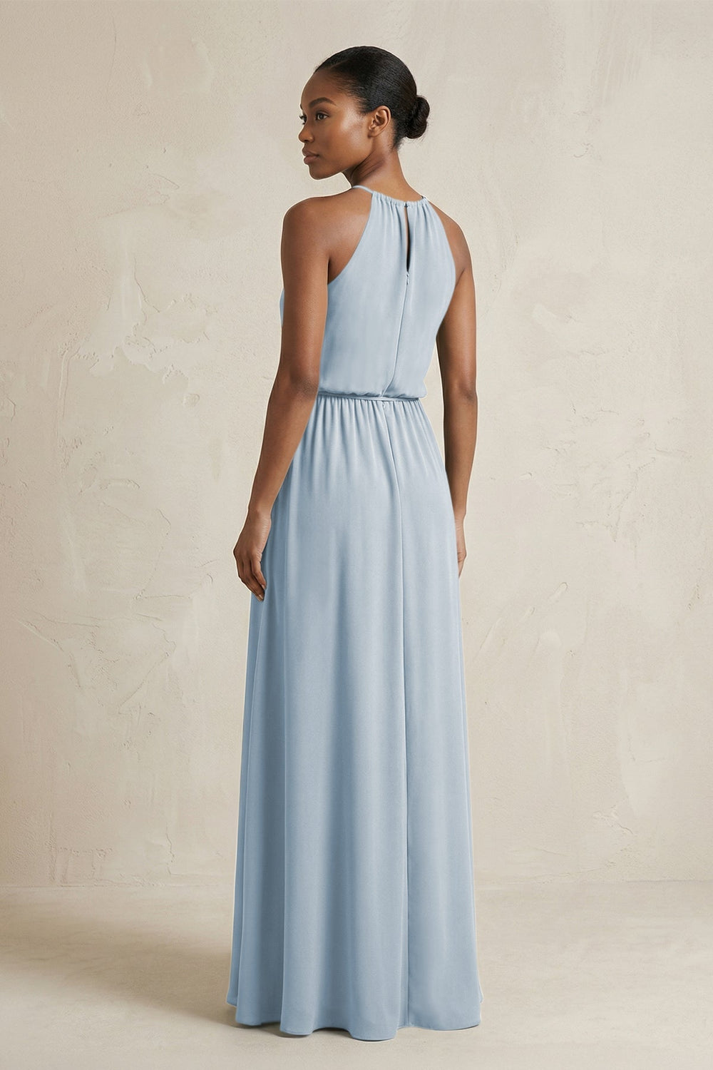 Halter Sheath Ruched Chiffon Bridesmaid Dress in Dusty Blue - KISS BRIDAL Bridesmaid Dresses
