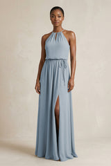 Halter Sheath Ruched Chiffon Bridesmaid Dress in Dusty Blue | KISSBRIDAL