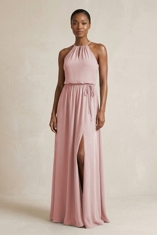 Halter Sheath Ruched Chiffon Bridesmaid Dress in Dusty Rose - SHE IS ME Bridesmaid Dresses