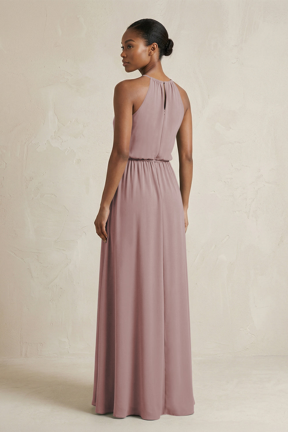 Halter Sheath Ruched Chiffon Bridesmaid Dress in Dusty Rose