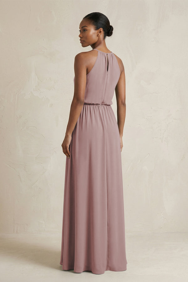 Halter Sheath Ruched Chiffon Bridesmaid Dress in Dusty Rose (2) | KISSBRIDAL