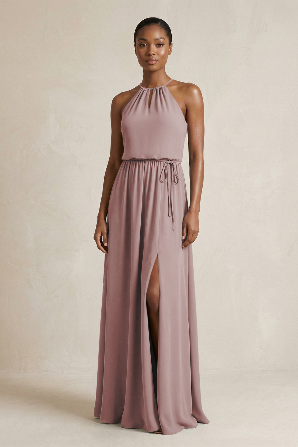 Halter Sheath Ruched Chiffon Bridesmaid Dress in Dusty Rose