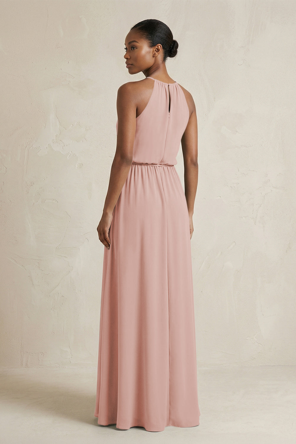 Halter Sheath Ruched Chiffon Bridesmaid Dress in English Rose