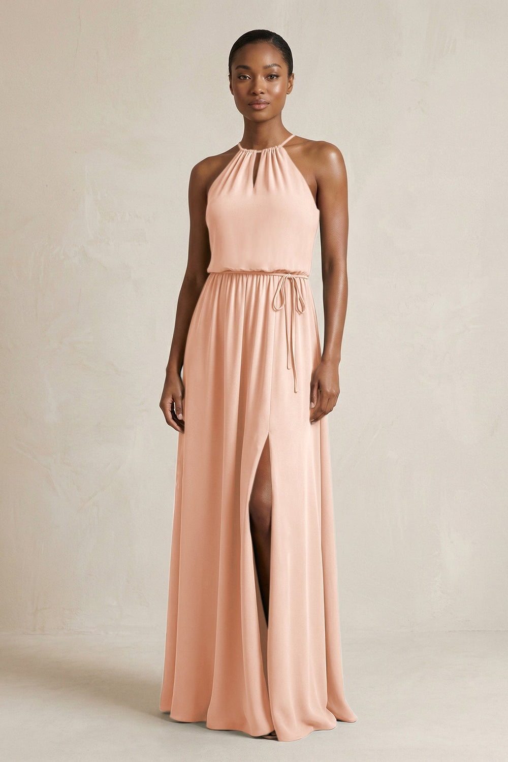 Halter Sheath Ruched Chiffon Bridesmaid Dress in English Rose - KISS BRIDAL Bridesmaid Dresses