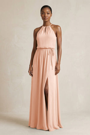 Halter Sheath Ruched Chiffon Bridesmaid Dress in English Rose - SHE IS ME Bridesmaid Dresses