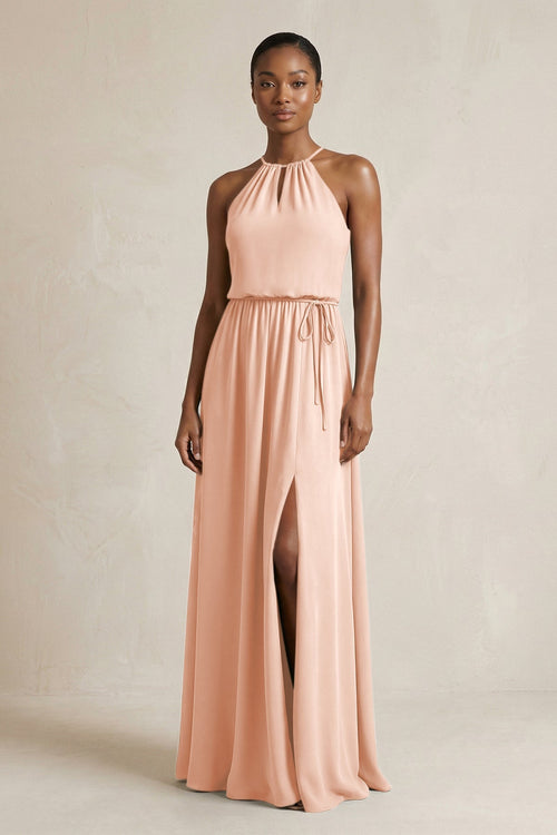 Halter Sheath Ruched Chiffon Bridesmaid Dress in English Rose - SHE IS ME Bridesmaid Dresses